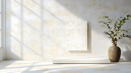 Canvas Print - Minimalist interior with white platform, textured wall, and plant