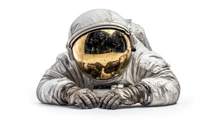 Fototapete - A reflective astronaut sculpture in a prone position, showcasing a unique design.