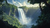 Victoria Falls seen from a cliff edge, with lush greenery framing the waterfall dramatic plunge