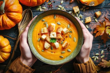 Poster - Top view of seasonal autumn food Spicy pumpkin soup with croutons and seeds made from organic pumpkins