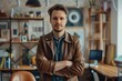 © Markus Schröder - Portrait of a satisfied caucasian man in his 20s sporting a stylish leather blazer isolated on stylized simple home office background