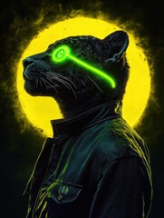 Poster - A stylized panther with a neon green eye, set against a glowing yellow moon backdrop.