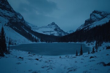 Aufkleber - A serene winter landscape featuring a frozen lake surrounded by snow-covered mountains.