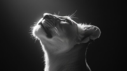 Poster - A close-up of a lioness in black and white, gazing upwards with a serene expression.