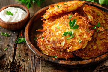 Wall Mural - Various potato pancakes on table with parsley and sour cream