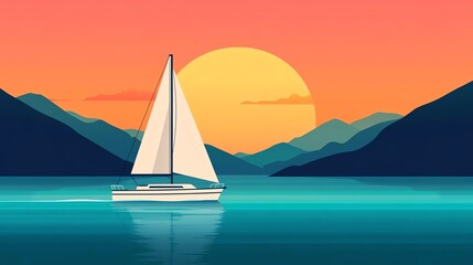  Sailboat sailing at sunset in serene waters.