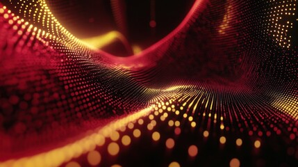 Aufkleber - Abstract digital waves with glowing dots in red and yellow hues.