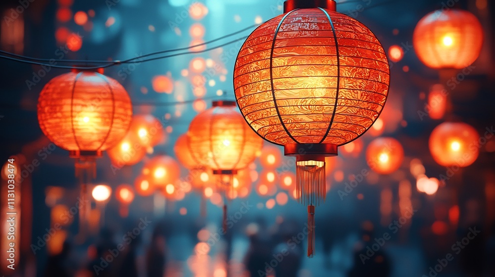 Bustling Chinese street at night illuminated with glowing red lanterns ...