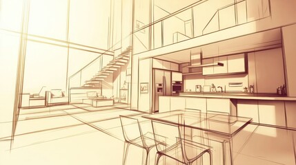 Aufkleber - A minimalist kitchen and living space design with large windows and modern furniture.