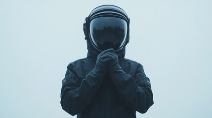 Fototapete - A figure in a dark suit and helmet stands contemplatively against a foggy backdrop.