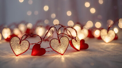 Poster - The concept of Valentine's Day, a banner with garlands in the form of hearts and magic lights for a holiday filled with love. A place for the text.