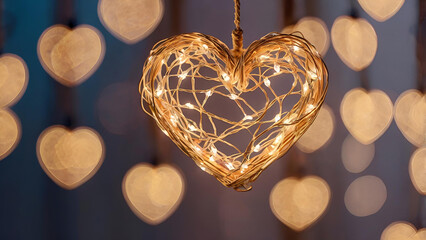 Poster - The concept of Valentine's Day, a banner with garlands in the form of hearts and magic lights for a holiday filled with love. A place for the text.