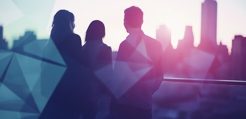 Poster - Silhouettes of three people gazing at a city skyline during sunset.