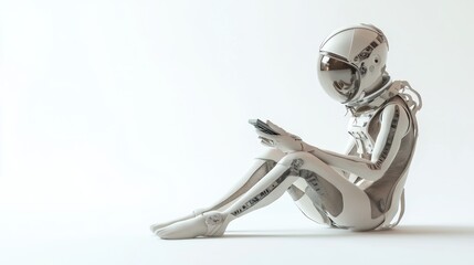 Fototapete - A humanoid robot in a spacesuit sits and interacts with a device, blending technology and leisure.