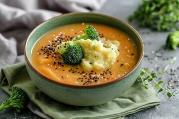 Poster - Veggie soup with broccoli topped with black sesame seeds on a green plate on a gray table with broccoli sprigs