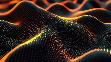 Fototapete - Abstract digital landscape with vibrant orange and black waves and dotted patterns.