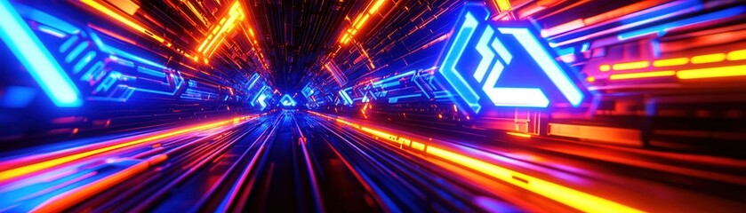 Wall Mural - a vibrant, futuristic tunnel of neon lights with dynamic blue and orange hues, creating a sense of s