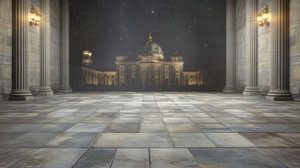Leinwandbilder - A grand architectural space with columns, leading to a distant dome under a starry sky.