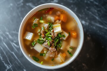 Poster - White bowl with clear soup soft soy bean curd minced pork and veggies from above