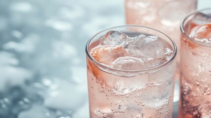 Close-up of two refreshing iced drinks with fruit slices in tall glasses.