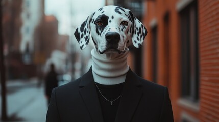 Leinwandbilder - A surreal image of a person with a Dalmatian dog's head in an urban setting.