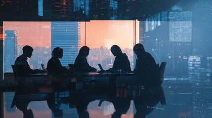 Poster - A silhouetted meeting of professionals in a modern office setting with city views.