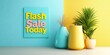 © Pixelbiz - Special deals flash sale alert concept. A vibrant display featuring a 'Flash Sale Today' sign, colorful vases, and decorative plants against a bright wall.