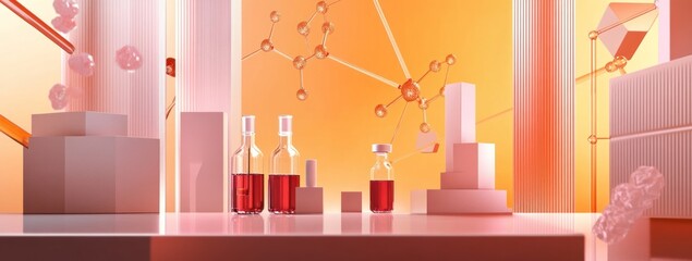 Aufkleber - Abstract scientific setting with glass bottles and geometric shapes in warm tones.