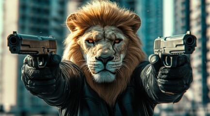 Poster - A lion with a human-like pose brandishing guns in an urban setting.
