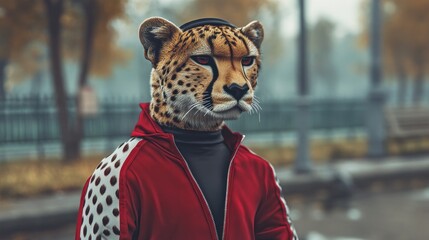 Leinwandbilder - A person wearing a leopard mask stands in a park, blending human and animal features.