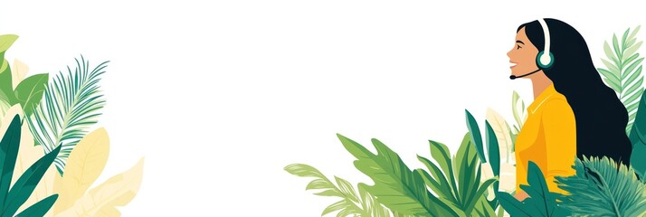 Aufkleber - A woman with a headset surrounded by tropical plants, suggesting a remote work or support role.