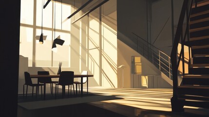 Aufkleber - A sunlit modern office space with a staircase, table, and chairs, emphasizing light and shadows.