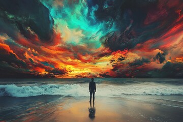 Wall Mural - Man stands on a beach in front of a colorful sky