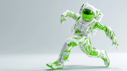 Poster - A vibrant green and white astronaut figure in a dynamic running pose against a light background.