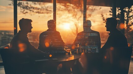 Poster - Silhouetted figures in a meeting, overlooking a sunset through large windows.