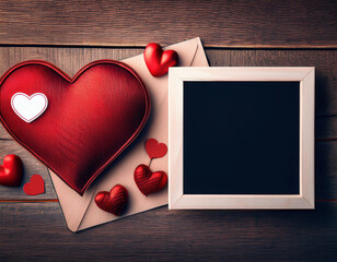 Wall Mural - A white photo frame sits next to a red heart-shaped envelope decorated with smaller hearts on a dark wooden background.