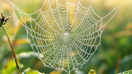 Dew-covered spider web between plants in a meadow, delicate strands glistening in the morning light, close-up, sense of wonder and nature's intricate beauty