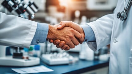 Poster - Two professionals shaking hands in a lab setting, symbolizing collaboration in science.