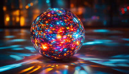 Wall Mural - A spherical glass object filled with LED lights, creating a burst of radiant colors and shadows. Captured in high-definition, highlighting the light's impact on its surroundings