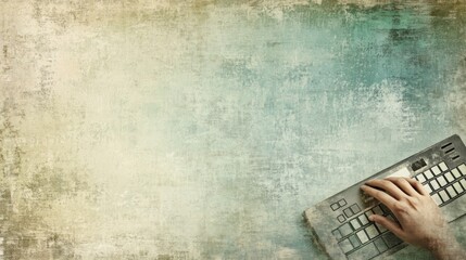 Aufkleber - A hand rests on a keyboard against a textured, muted background, suggesting digital work.