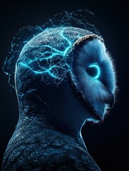 Poster - A futuristic owl figure with glowing features and electric energy.
