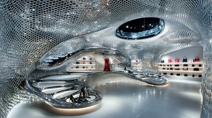 Aufkleber - A futuristic retail space featuring organic shapes and reflective surfaces.