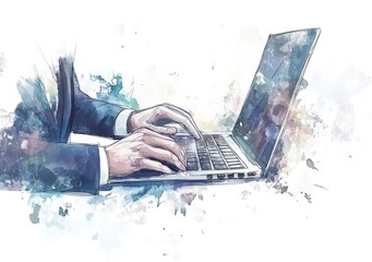 Aufkleber - A person typing on a laptop, depicted in a watercolor style.