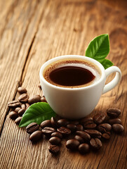 Wall Mural - Coffee Cup and Beans on Rustic Wood: A close-up of a steaming cup of black coffee, nestled amongst scattered coffee beans and vibrant green leaves, resting on a rustic wooden table.