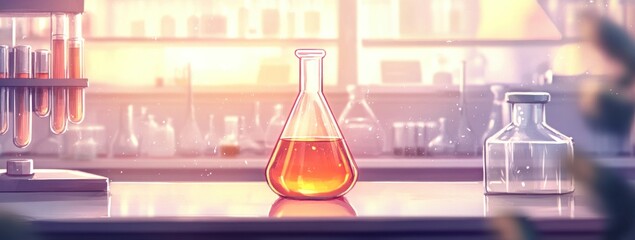 Leinwandbilder - A laboratory scene featuring a flask with orange liquid, symbolizing scientific experimentation.