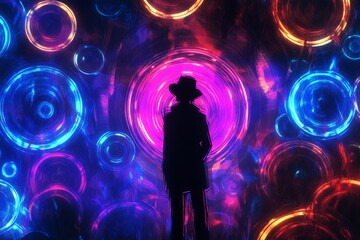 Canvas Print - a man is standing in front of a wall of circles
