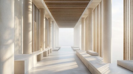Fototapete - A serene architectural space with columns and natural light, overlooking a tranquil view.