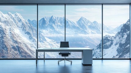 Fototapete - Modern office with a desk overlooking snowy mountain landscape through large glass windows.