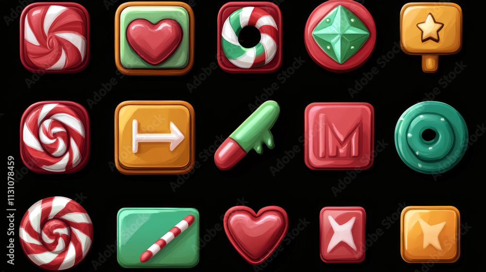 Candy game ui buttons set isolated on black background. Vector cartoon ...