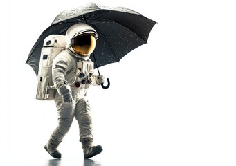 Wall Mural - an astronaut walks with an umbrella, blending space exploration with everyday life.